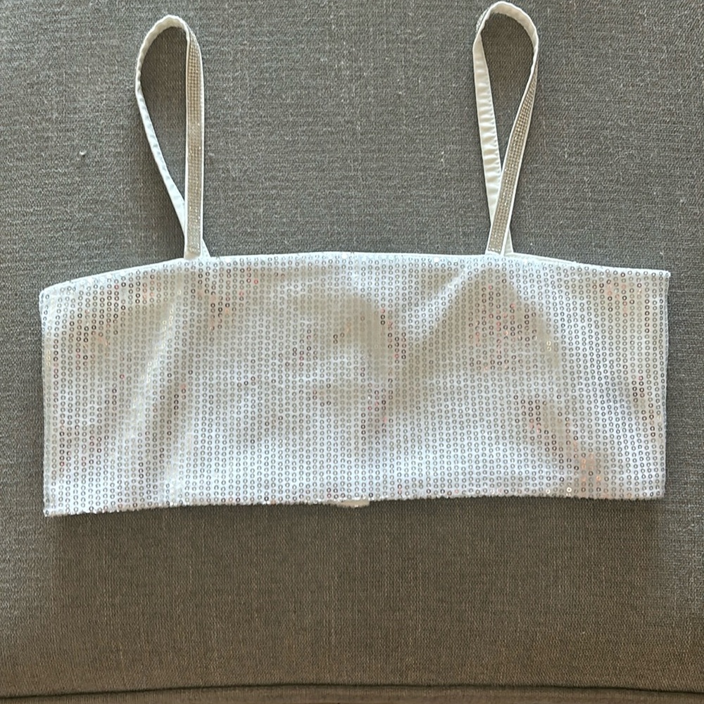 NWOT White SHEIN Small Sequin Bra Top with Rhinestone Straps